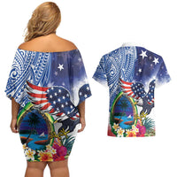 Guam and United States Together Couples Matching Off Shoulder Short Dress and Hawaiian Shirt Bald Eagle and Guam Seal with Flower and Tribal Tattoos LT03 - Polynesian Pride