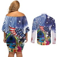 Guam and United States Together Couples Matching Off Shoulder Short Dress and Long Sleeve Button Shirt Bald Eagle and Guam Seal with Flower and Tribal Tattoos LT03 - Polynesian Pride