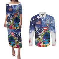 Guam and United States Together Couples Matching Puletasi and Long Sleeve Button Shirt Bald Eagle and Guam Seal with Flower and Tribal Tattoos LT03 Multicolor - Polynesian Pride