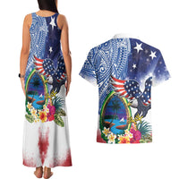 Guam and United States Together Couples Matching Tank Maxi Dress and Hawaiian Shirt Bald Eagle and Guam Seal with Flower and Tribal Tattoos LT03 - Polynesian Pride