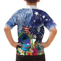 Guam and United States Together Family Matching Long Sleeve Bodycon Dress and Hawaiian Shirt Bald Eagle and Guam Seal with Flower and Tribal Tattoos LT03 - Polynesian Pride