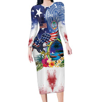 Guam and United States Together Family Matching Long Sleeve Bodycon Dress and Hawaiian Shirt Bald Eagle and Guam Seal with Flower and Tribal Tattoos LT03 Mom's Dress Multicolor - Polynesian Pride