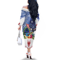Guam and United States Together Family Matching Off The Shoulder Long Sleeve Dress and Hawaiian Shirt Bald Eagle and Guam Seal with Flower and Tribal Tattoos LT03 - Polynesian Pride