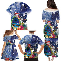 Guam and United States Together Family Matching Puletasi and Hawaiian Shirt Bald Eagle and Guam Seal with Flower and Tribal Tattoos LT03 - Polynesian Pride