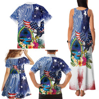 Guam and United States Together Family Matching Tank Maxi Dress and Hawaiian Shirt Bald Eagle and Guam Seal with Flower and Tribal Tattoos LT03 - Polynesian Pride