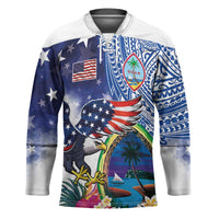 Guam and United States Together Hockey Jersey Bald Eagle and Guam Seal with Flower and Tribal Tattoos LT03 Unisex Multicolor - Polynesian Pride