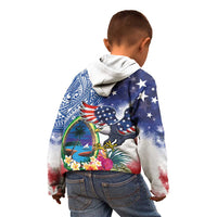 Guam and United States Together Kid Hoodie Bald Eagle and Guam Seal with Flower and Tribal Tattoos - Polynesian Pride