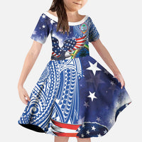 Guam and United States Together Kid Short Sleeve Dress Bald Eagle and Guam Seal with Flower and Tribal Tattoos LT03 KID Multicolor - Polynesian Pride