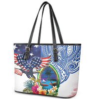 Guam and United States Together Leather Tote Bag Bald Eagle and Guam Seal with Flower and Tribal Tattoos LT03 - Polynesian Pride
