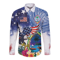 Guam and United States Together Long Sleeve Button Shirt Bald Eagle and Guam Seal with Flower and Tribal Tattoos LT03 Unisex Multicolor - Polynesian Pride