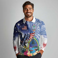Guam and United States Together Long Sleeve Polo Shirt Bald Eagle and Guam Seal with Flower and Tribal Tattoos LT03 - Polynesian Pride