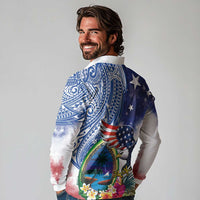 Guam and United States Together Long Sleeve Polo Shirt Bald Eagle and Guam Seal with Flower and Tribal Tattoos LT03 - Polynesian Pride