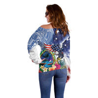Guam and United States Together Off Shoulder Sweater Bald Eagle and Guam Seal with Flower and Tribal Tattoos LT03 - Polynesian Pride