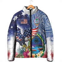 Guam and United States Together Padded Jacket Bald Eagle and Guam Seal with Flower and Tribal Tattoos LT03 - Polynesian Pride