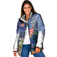 Guam and United States Together Padded Jacket Bald Eagle and Guam Seal with Flower and Tribal Tattoos LT03 Women Multicolor - Polynesian Pride