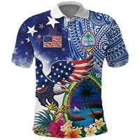 Guam and United States Together Polo Shirt Bald Eagle and Guam Seal with Flower and Tribal Tattoos LT03 Multicolor - Polynesian Pride