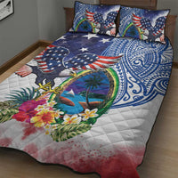 Guam and United States Together Quilt Bed Set Bald Eagle and Guam Seal with Flower and Tribal Tattoos LT03 - Polynesian Pride