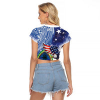 Guam and United States Together Raglan Cropped T Shirt Bald Eagle and Guam Seal with Flower and Tribal Tattoos LT03 - Polynesian Pride