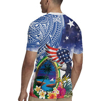 Guam and United States Together Rugby Jersey Bald Eagle and Guam Seal with Flower and Tribal Tattoos LT03 - Polynesian Pride