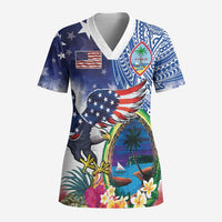 Guam and United States Together Scrub Top Bald Eagle and Guam Seal with Flower and Tribal Tattoos LT03 Adult Multicolor - Polynesian Pride