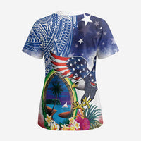Guam and United States Together Scrub Top Bald Eagle and Guam Seal with Flower and Tribal Tattoos LT03 - Polynesian Pride