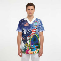 Guam and United States Together Scrub Top Bald Eagle and Guam Seal with Flower and Tribal Tattoos LT03 - Polynesian Pride