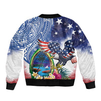 Guam and United States Together Sleeve Zip Bomber Jacket Bald Eagle and Guam Seal with Flower and Tribal Tattoos LT03 - Polynesian Pride