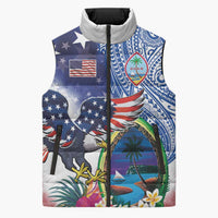Guam and United States Together Sleeveless Puffer Jacket Bald Eagle and Guam Seal with Flower and Tribal Tattoos LT03 Unisex Multicolor - Polynesian Pride