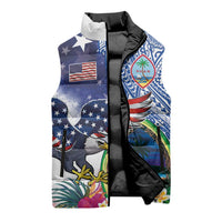 Guam and United States Together Sleeveless Puffer Jacket Bald Eagle and Guam Seal with Flower and Tribal Tattoos LT03 - Polynesian Pride
