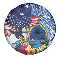 Guam and United States Together Spare Tire Cover Bald Eagle and Guam Seal with Flower and Tribal Tattoos LT03 - Polynesian Pride