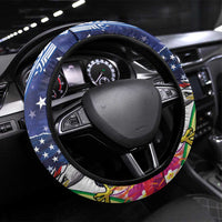 Guam and United States Together Steering Wheel Cover Bald Eagle and Guam Seal with Flower and Tribal Tattoos LT03 Universal Fit Multicolor - Polynesian Pride