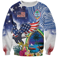 Guam and United States Together Sweatshirt Bald Eagle and Guam Seal with Flower and Tribal Tattoos LT03 Unisex Multicolor - Polynesian Pride