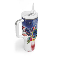 Guam and United States Together Tumbler With Handle Bald Eagle and Guam Seal with Flower and Tribal Tattoos LT03 - Polynesian Pride