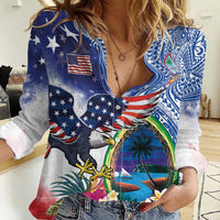 Guam and United States Together Women Casual Shirt Bald Eagle and Guam Seal with Flower and Tribal Tattoos - Polynesian Pride