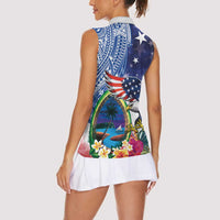 Guam and United States Together Women Sleeveless Polo Shirt Bald Eagle and Guam Seal with Flower and Tribal Tattoos LT03 - Polynesian Pride