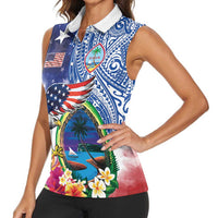 Guam and United States Together Women Sleeveless Polo Shirt Bald Eagle and Guam Seal with Flower and Tribal Tattoos LT03 - Polynesian Pride