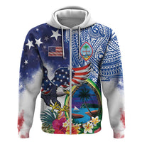 Guam and United States Together Zip Hoodie Bald Eagle and Guam Seal with Flower and Tribal Tattoos LT03 Zip Hoodie Multicolor - Polynesian Pride
