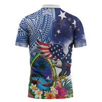 Guam and United States Together Zipper Polo Shirt Bald Eagle and Guam Seal with Flower and Tribal Tattoos LT03 - Polynesian Pride