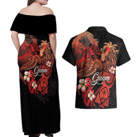 Guam Tribal Chamorro Couples Matching Off Shoulder Maxi Dress and Hawaiian Shirt Polynesian Shark with Plumeria and Sea Vibe LT03 - Polynesian Pride
