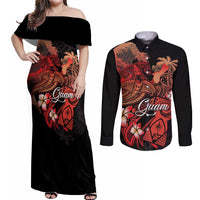 Guam Tribal Chamorro Couples Matching Off Shoulder Maxi Dress and Long Sleeve Button Shirt Polynesian Shark with Plumeria and Sea Vibe LT03 Black - Polynesian Pride