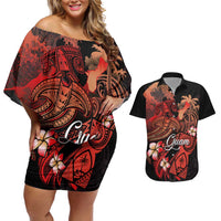 Guam Tribal Chamorro Couples Matching Off Shoulder Short Dress and Hawaiian Shirt Polynesian Shark with Plumeria and Sea Vibe LT03 Black - Polynesian Pride