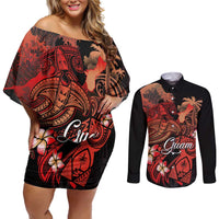 Guam Tribal Chamorro Couples Matching Off Shoulder Short Dress and Long Sleeve Button Shirt Polynesian Shark with Plumeria and Sea Vibe LT03 Black - Polynesian Pride