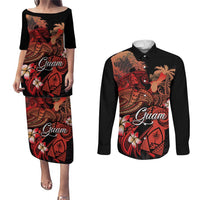 Guam Tribal Chamorro Couples Matching Puletasi and Long Sleeve Button Shirt Polynesian Shark with Plumeria and Sea Vibe LT03 Black - Polynesian Pride