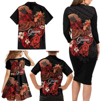 Guam Tribal Chamorro Family Matching Long Sleeve Bodycon Dress and Hawaiian Shirt Polynesian Shark with Plumeria and Sea Vibe LT03 - Polynesian Pride