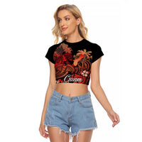 Guam Tribal Chamorro Raglan Cropped T Shirt Polynesian Shark with Plumeria and Sea Vibe LT03 Female Black - Polynesian Pride