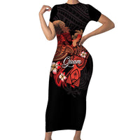 Guam Tribal Chamorro Short Sleeve Bodycon Dress Polynesian Shark with Plumeria and Sea Vibe LT03 Long Dress Black - Polynesian Pride