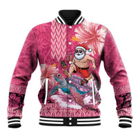 Hawaii Mele Kalikimaka Baseball Jacket Funny Santa with Tribal Tattoos Kakau Pink Color LT03 Unisex Pink - Polynesian Pride