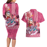 Hawaii Mele Kalikimaka Couples Matching Long Sleeve Bodycon Dress and Hawaiian Shirt Funny Santa with Tribal Tattoos Kakau Pink Color LT03 - Polynesian Pride