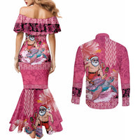 Hawaii Mele Kalikimaka Couples Matching Mermaid Dress and Long Sleeve Button Shirt Funny Santa with Tribal Tattoos Kakau Pink Color LT03 - Polynesian Pride