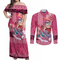 Hawaii Mele Kalikimaka Couples Matching Off Shoulder Maxi Dress and Long Sleeve Button Shirt Funny Santa with Tribal Tattoos Kakau Pink Color LT03 Pink - Polynesian Pride